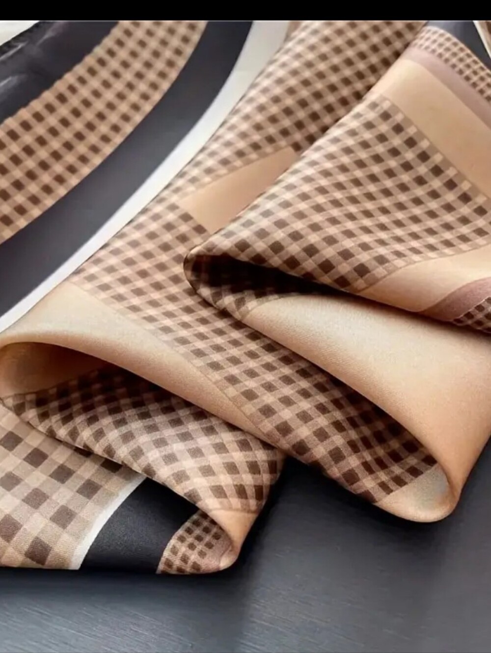 Silk-feel  Brown Patterned Scarf - Elegant Women's Head Scarf, Neck Scarf - Picture 4 of 5